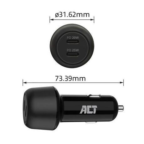 Act AC2200 2-poorts USB-C Fast Charge Autolader 45W met Power Delivery