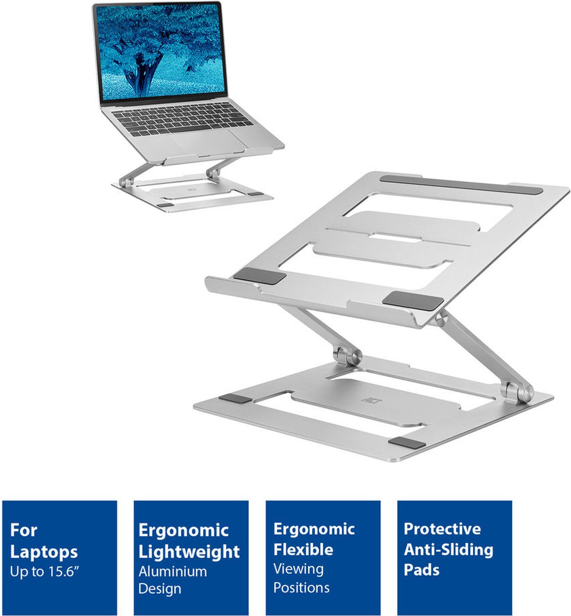 ACT AC8135 Laptopstandaard tot 15.6" , Opvouwbaar , Ergonomisch , Antislip , Draagbaar , Aluminium