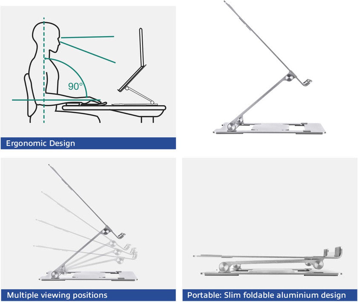 ACT AC8135 Laptopstandaard tot 15.6" , Opvouwbaar , Ergonomisch , Antislip , Draagbaar , Aluminium