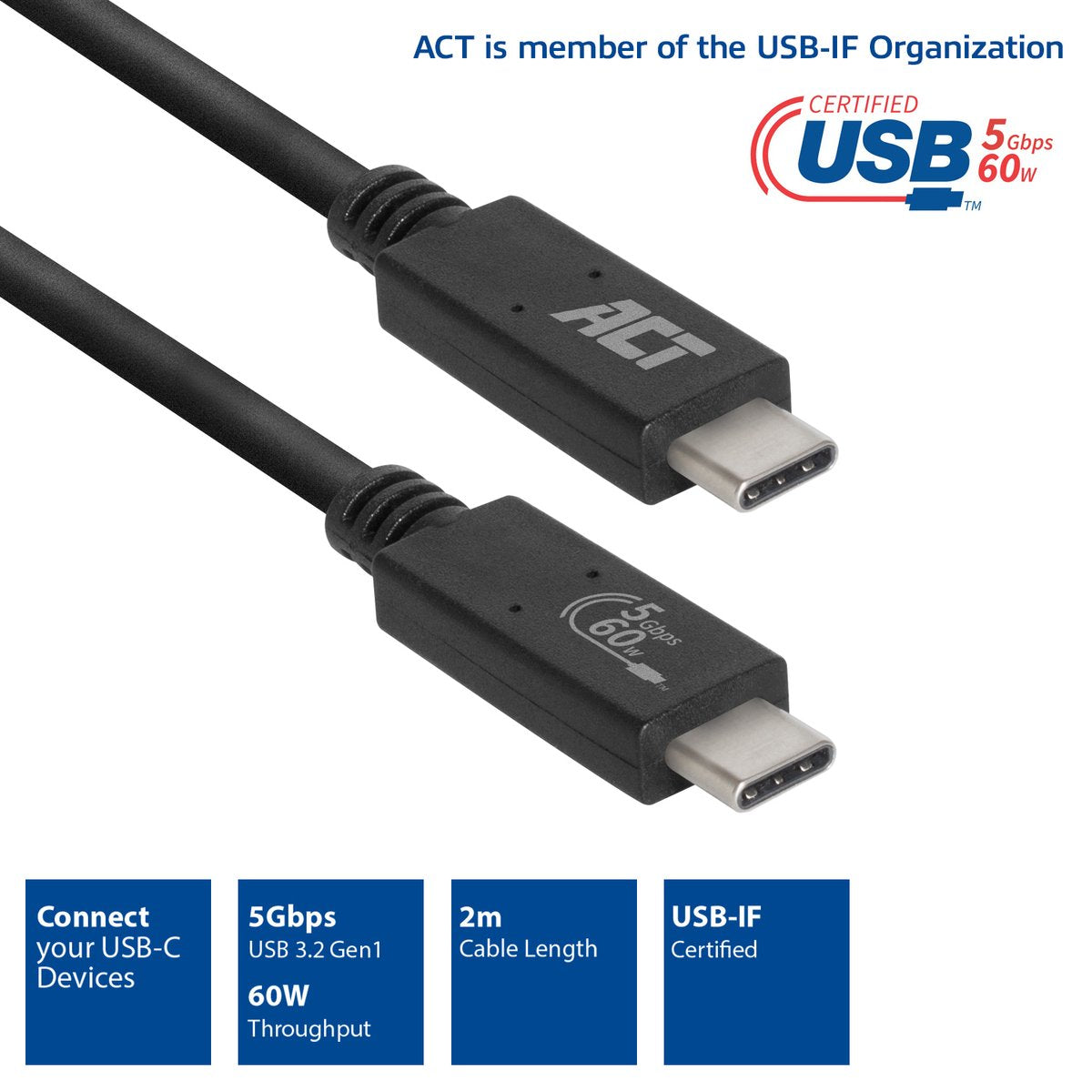 ACT AC7402 Gecertificeerde USB-C Kabel - 3.2 Gen1 - Aansluitkabel - C male - C male - 5Gbps - Zwart - 2 meter