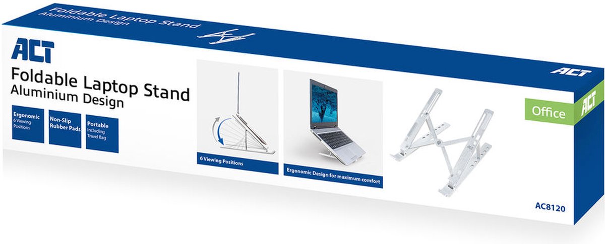 ACT AC8120 Laptopstandaard tot 15.6" , Draagbaar , Opvouwbaar , Aluminium , 6 Kijkhoeken , Anti-slip