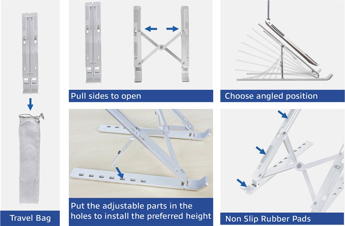 ACT AC8120 Laptopstandaard tot 15.6" , Draagbaar , Opvouwbaar , Aluminium , 6 Kijkhoeken , Anti-slip