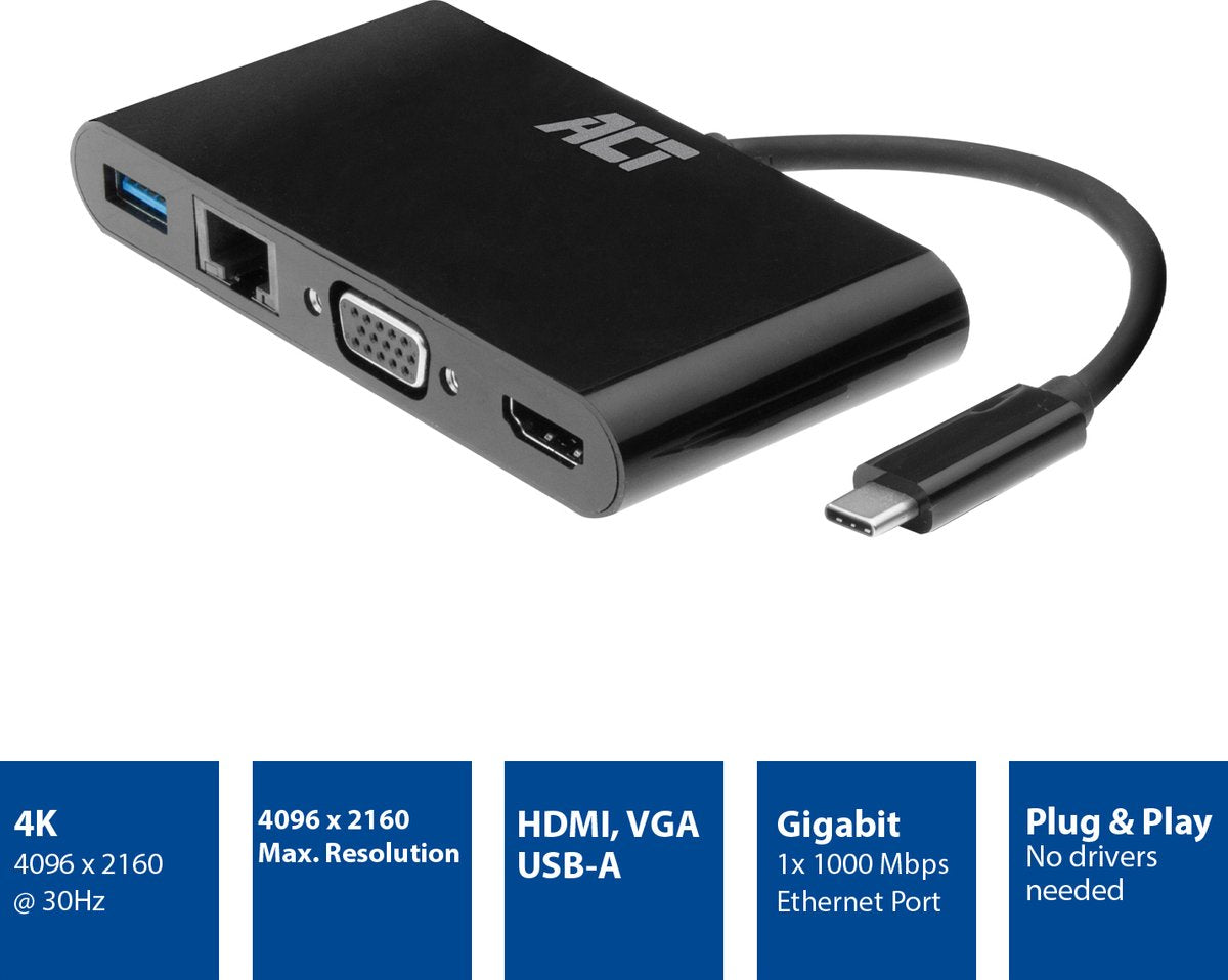 ACT AC7330 USB-C Multi Dock - HDMI - VGA - 4K - Ethernet - USB-A