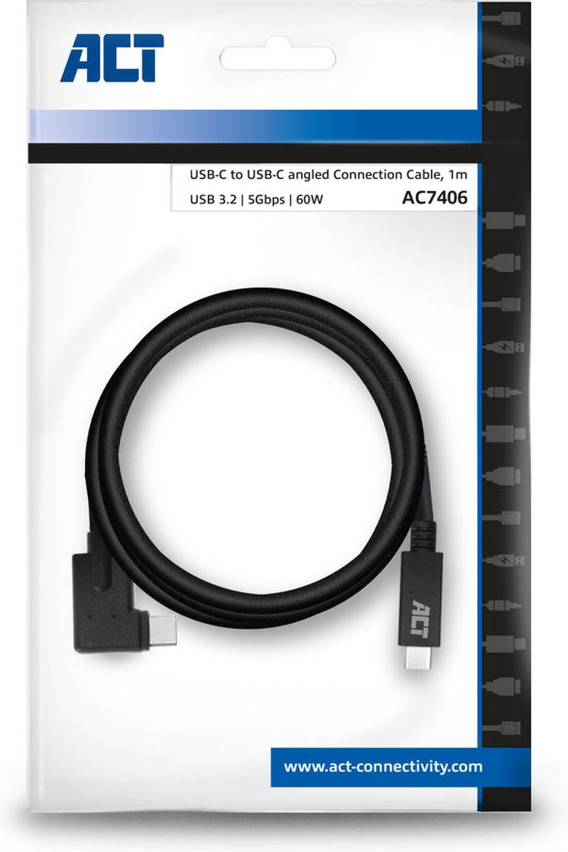 ACT AC7406 USB-C Kabel - 3.2 Gen1 - USB-C male Recht - USB-C male Haaks - 5Gbps - Zwart