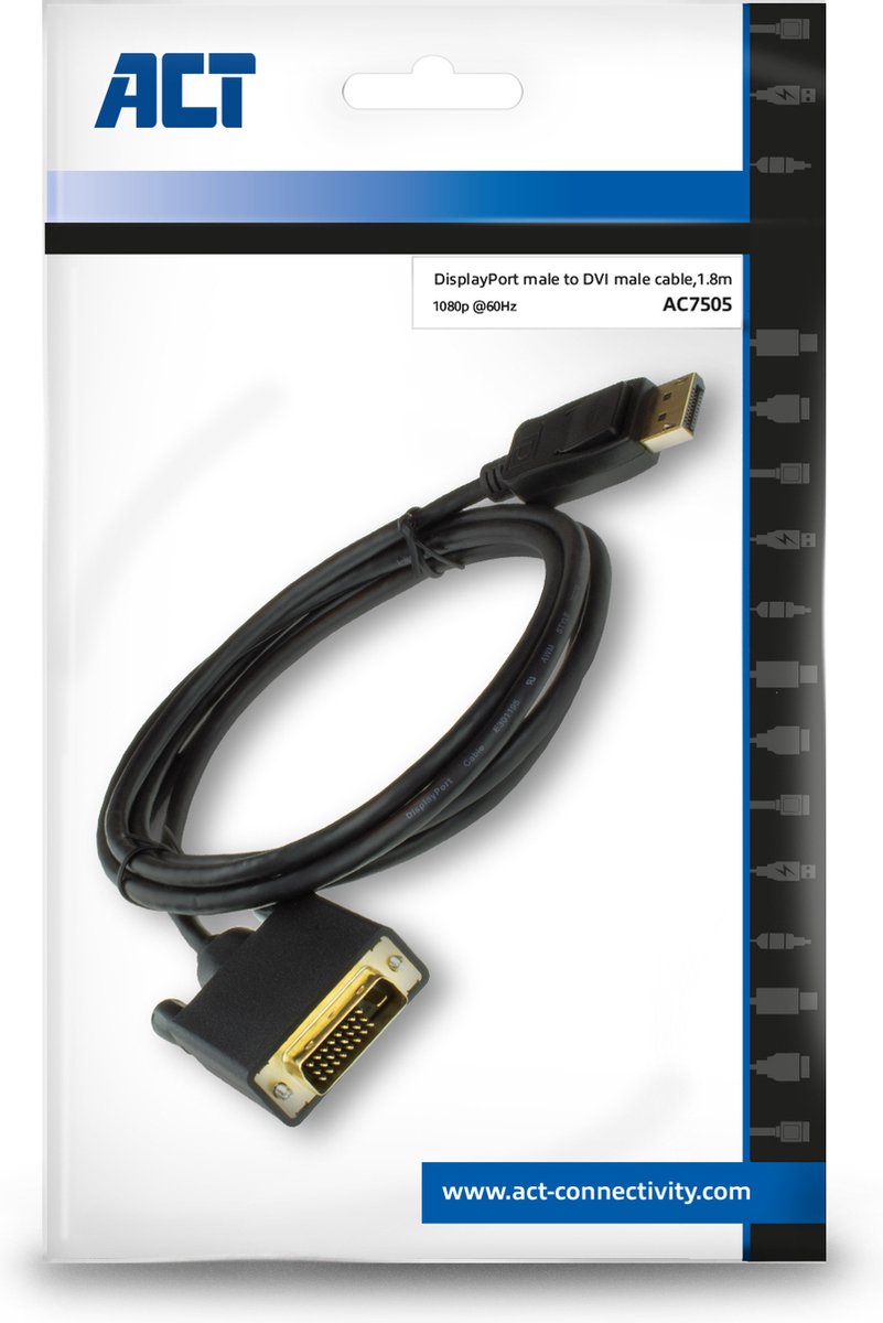 ACT DisplayPort naar DVI Kabel – Full HD 60Hz – Verguld - 1,8m – AC7505