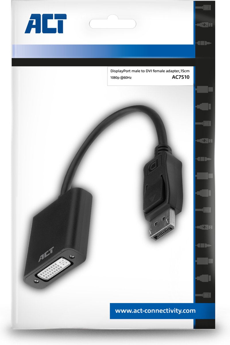 ACT DisplayPort male naar DVI kabel (DVI-D Dual Link) female adapter, Full HD 60Hz, 15cm aansluitkabel – AC7510