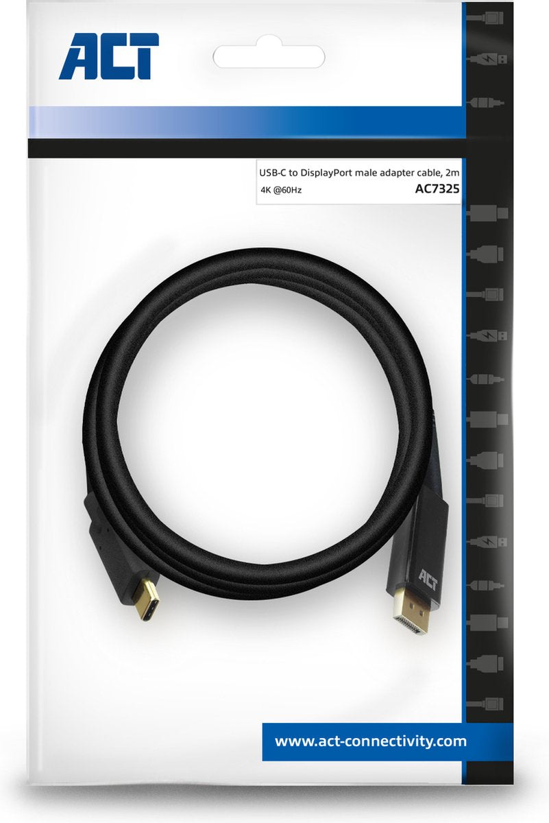 ACT USB C naar DisplayPort Kabel - 4K@60Hz – DislayPort 1.2 -Geschikt voor Monitor - 2m – AC7325