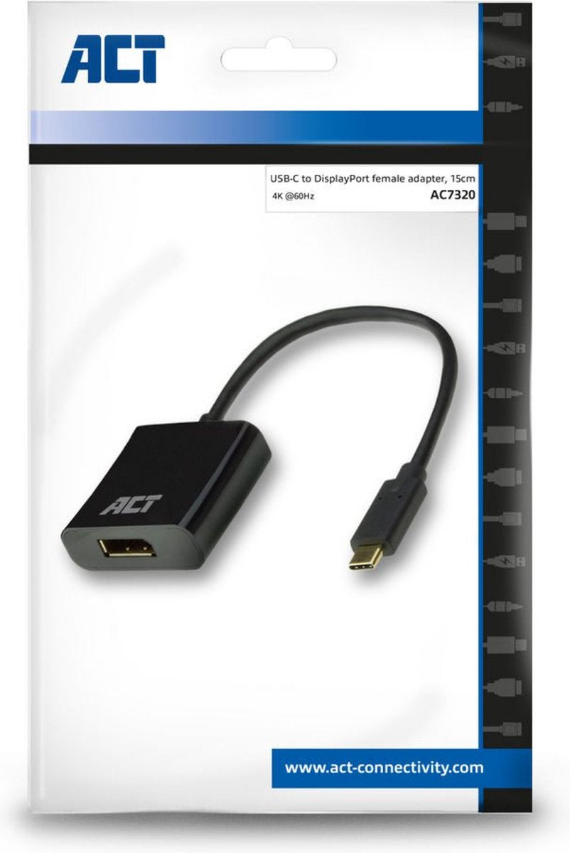 ACT USB C naar DisplayPort Adapterkabel – 4K@60Hz – DislayPort 1.2 -Geschikt voor Monitor - 15cm – AC7320