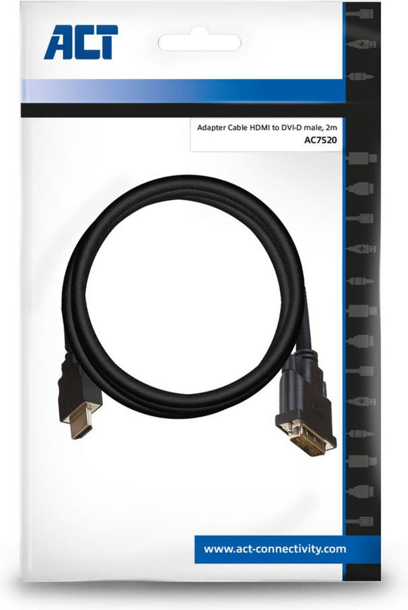 ACT AC7520 HDMI DVI-D Adapterkabel - 1x HDMI A Male - 1x DVI-D Single Link Male 18+1 - 2 meter - Zwart