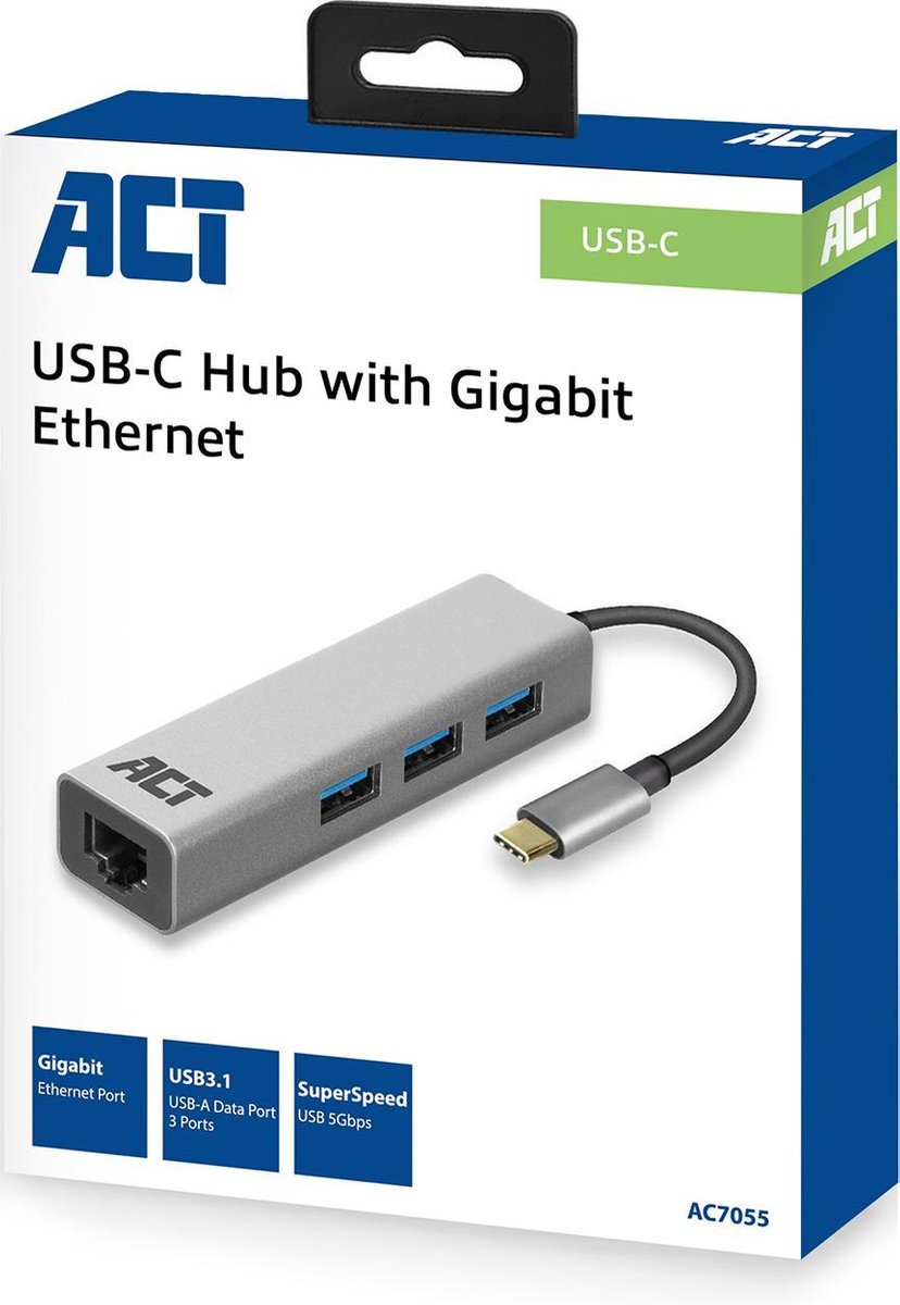 ACT AC7055 3-Port USB-C 3.1 (USB 3.0) Hub with Gigabit ethernet port