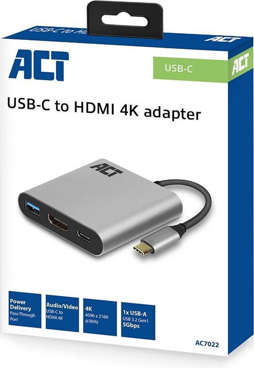 ACT AC7022 USB C Hub 3 in 1 met aluminium behuizing – 4K HDMI – USB 3.0 – USB Type C