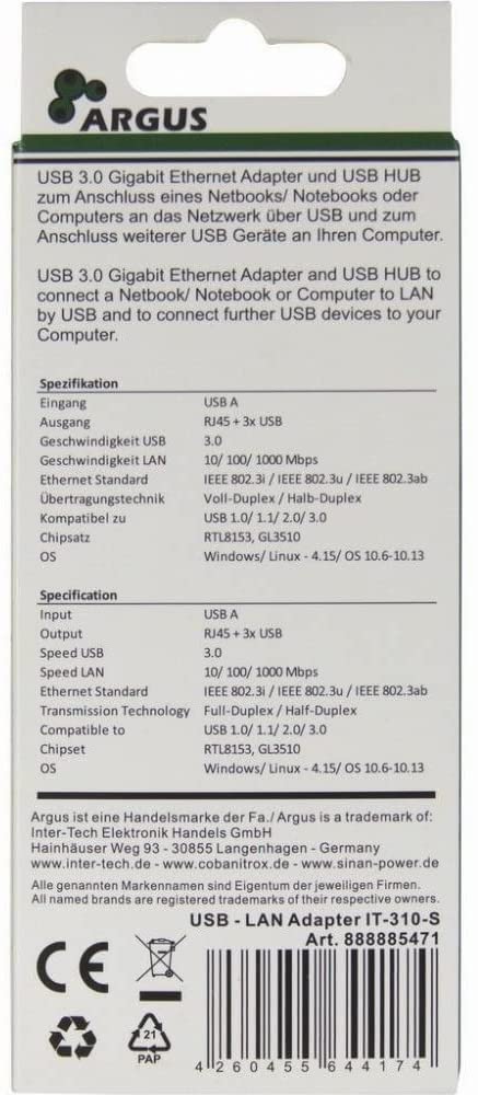 Inter-Tech LAN-Adapter Argus IT-310-S USB-A Gigabit Ethernet