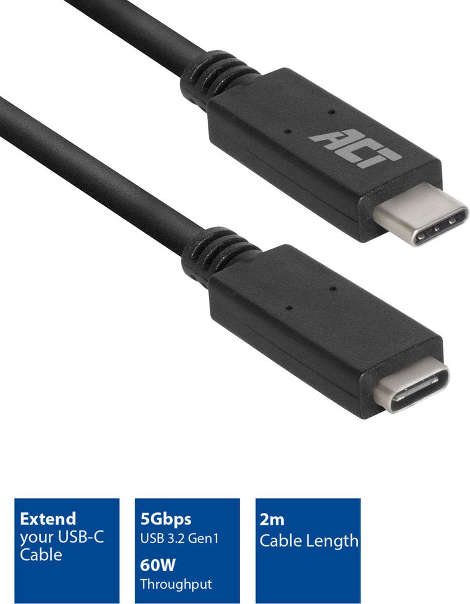 ACT AC7412 ACT USB-C Verlengkabel - 3.2 Gen1 - USB-C male - USB-C female - 2 meter