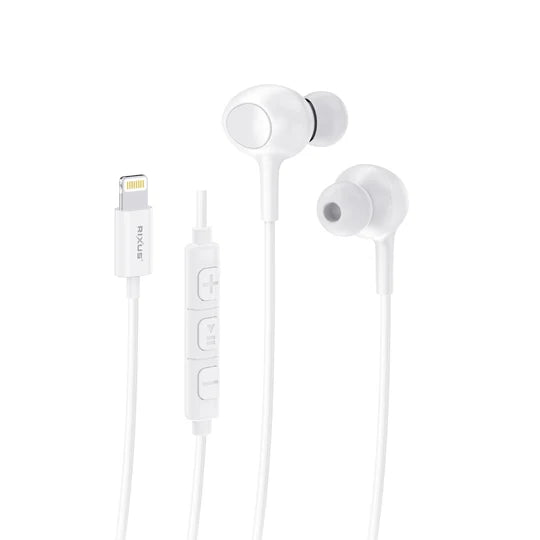 Rixus RXHD56LW Lightning Connector Wired Earbud Type Headphone With Microphone White
