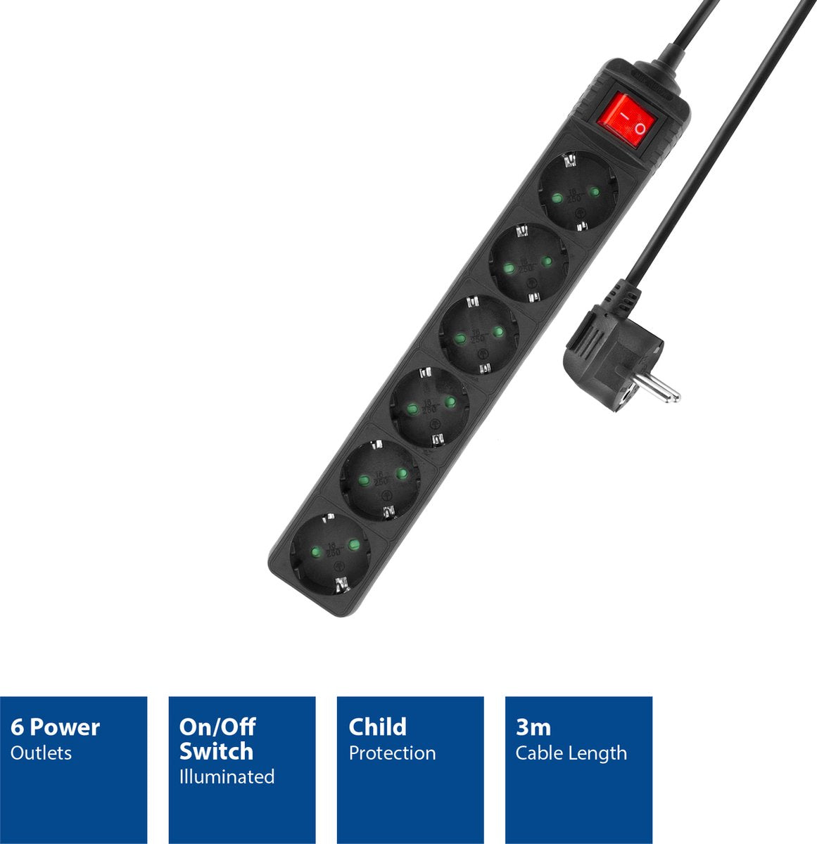 ACT AC2465 Stekkerdoos met lichtgevende schakelaar, 6 sockets, 3 m, zwart AC2465