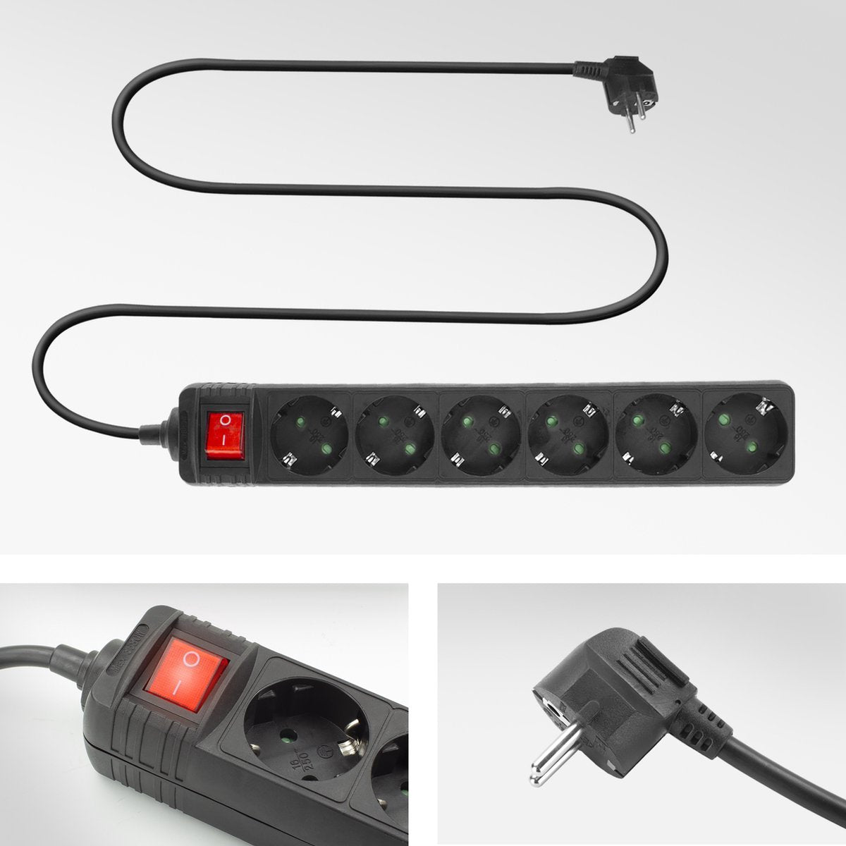 ACT AC2465 Stekkerdoos met lichtgevende schakelaar, 6 sockets, 3 m, zwart AC2465