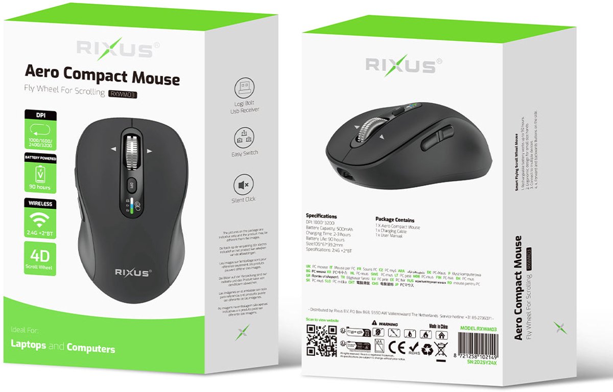 Rixus RXWM03 Aero Compact Mouse oplaadbaar Black