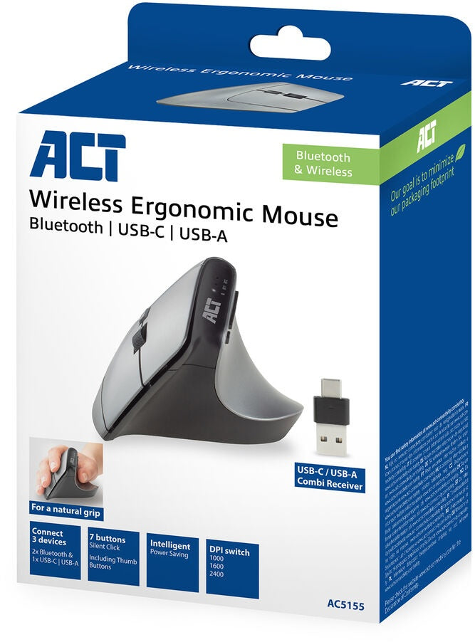 ACT AC5155 Draadloze Ergonomische Muis met Bluetooth en USB-C/USB-A