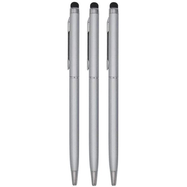 3 Stuks - Balpen en Touch Pen - 2 in 1 Stylus Pen voor smartphone en tablet - Metaal - Zilver