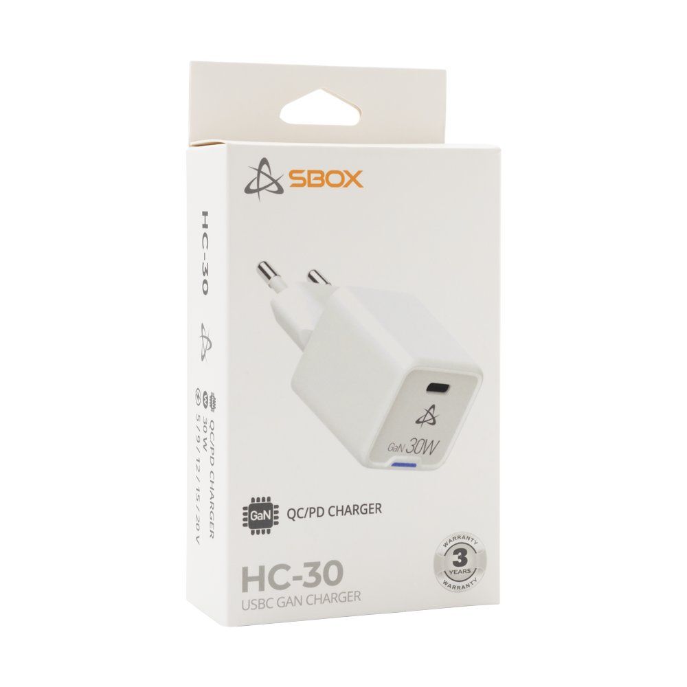 SBOX USB Oplader HC-30 , 30W GaN , USB Type-C , Wit