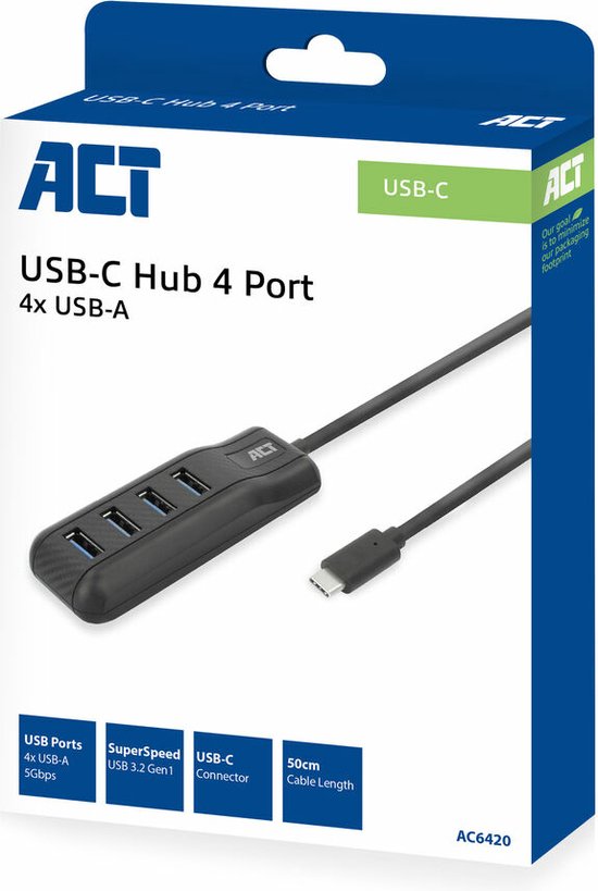 ACT AC6420 USB-C hub 3.0, 4 poorts USB-A AC6420