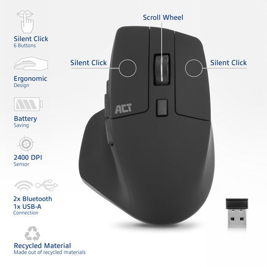 ACT Draadloze multi-connect muis Bluetooth of USB-A ontvanger, 2400 DPI met stille klik,  AC5146