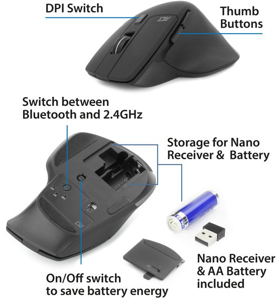 ACT Draadloze multi-connect muis Bluetooth of USB-A ontvanger, 2400 DPI met stille klik,  AC5146