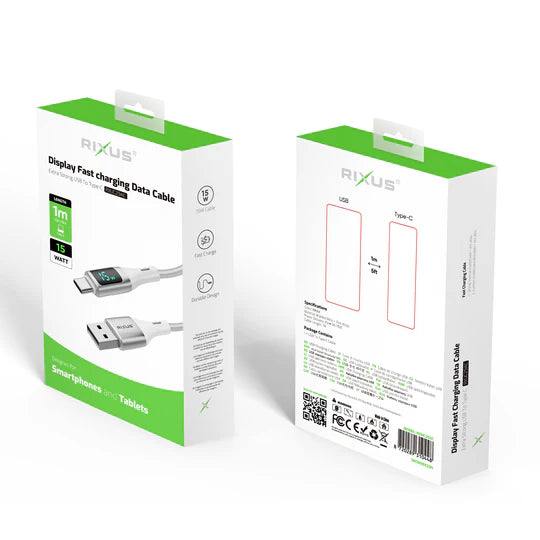 Rixus RXUC29AC Braided USB-A To USB-C Cable With LED Display White