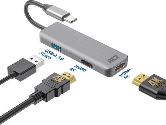 ACT USB-C 4K multiport adapter voor 2 HDMI schermen, USB-A datapoort AC7013