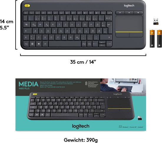 Logitech K400 Plus - Draadloos Touch Toetsenbord - QWERTY ISO - Zwart