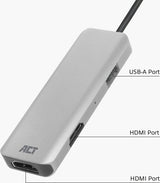 ACT USB-C 4K multiport adapter voor 2 HDMI schermen, USB-A datapoort AC7013