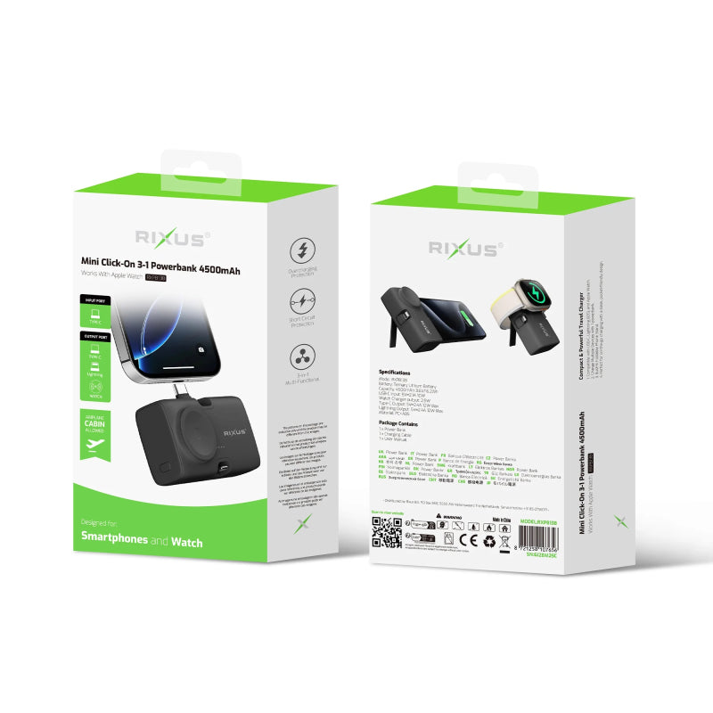 Rixus RXPB13 Mini Click-On 3-in-1 Powerbank 4500mAh Zwart
