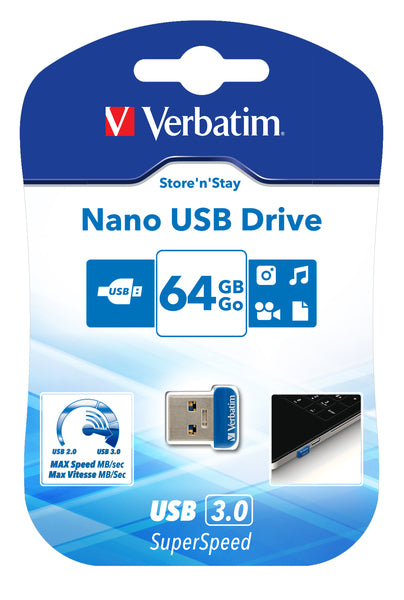 Verbatim Store 'n' Stay NANO - USB-Stick 3.0 64 GB - Blauw