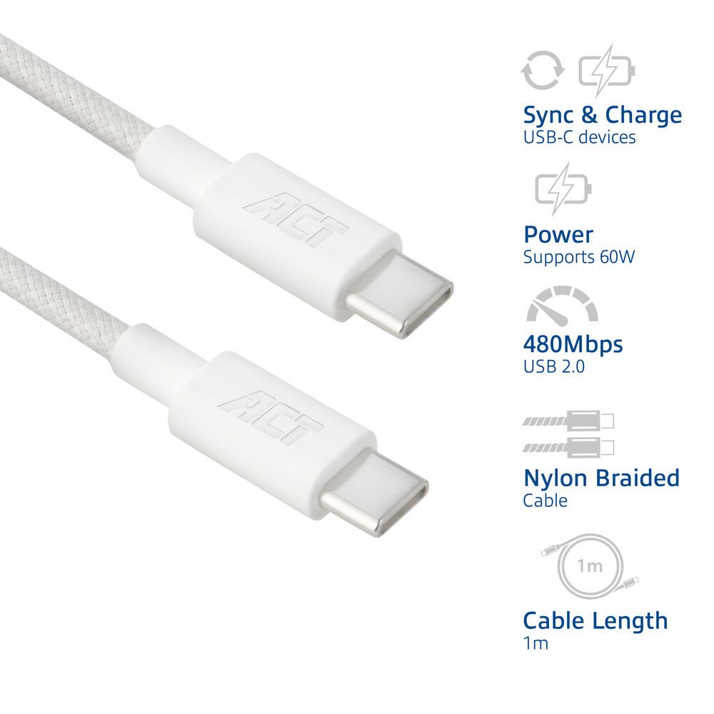 Act AC3080 laadkabel USB- C USB 2.0 480Mbps 60W laad- en datakabel, wit, 1 meter