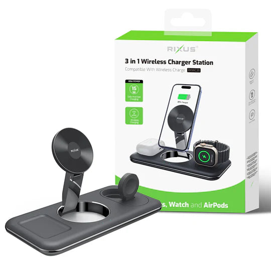 Rixus RXWC31 3 in 1 Draadloze lader standaard voor iPhone, Watch en Airpods