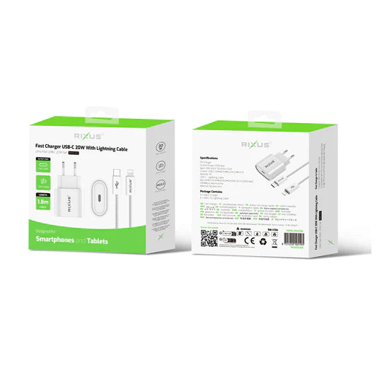 Rixus RXHC20L Fast Charger USB-C To Lightning Cable 1.8m 20W White