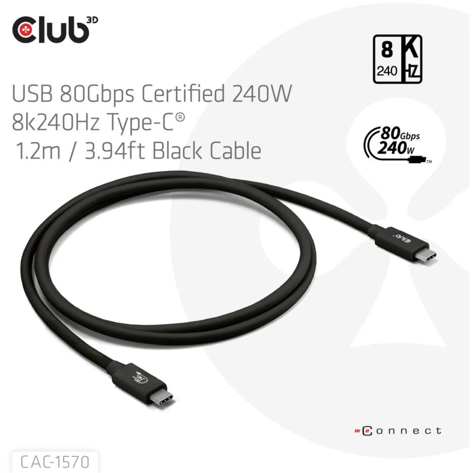 CLUB3D USB 80Gbps Certified 240W 8K240Hz Type-C® 1.2m / 3.94ft Black thunderbolt Cable