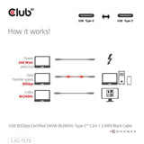 CLUB3D USB 80Gbps Certified 240W 8K240Hz Type-C® 1.2m / 3.94ft Black thunderbolt Cable