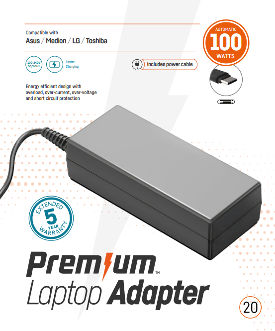 Premium RETAIL AC Charger USB-C 100 watt 5 - 20v 5A + PWR CBL