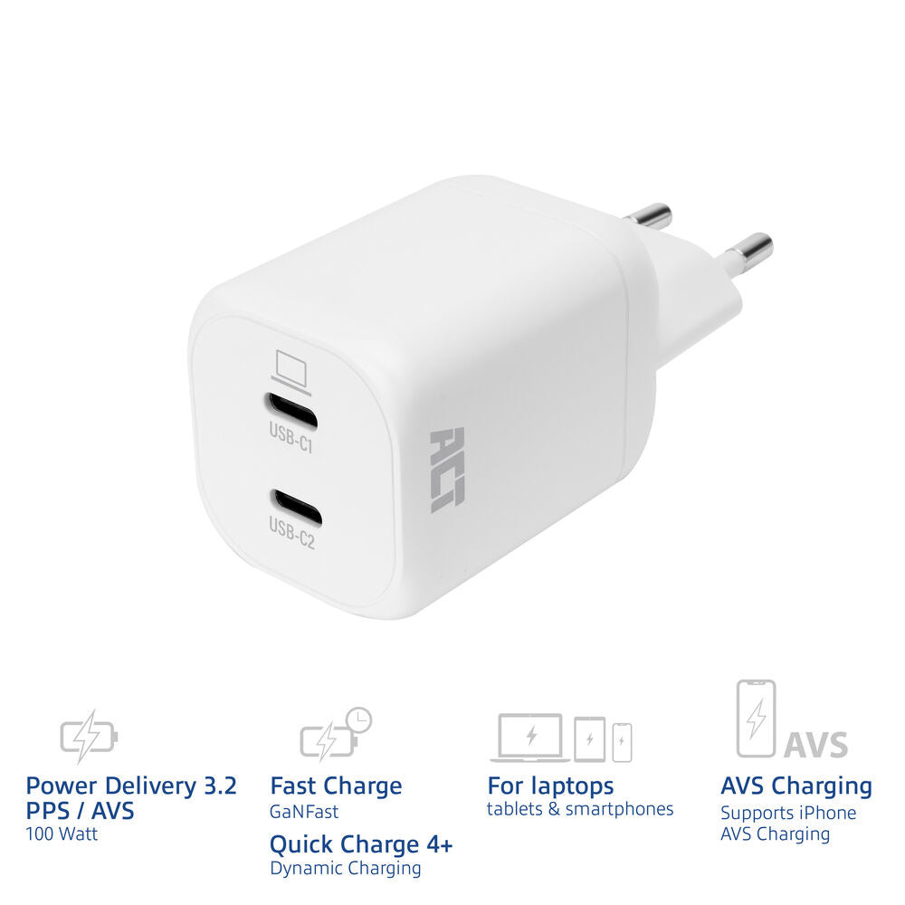 Act AC2175 USB-C-lader 100W met 2 poorten, Power Delivery 3.2, PPS, AVS, Quick Charge en GaNFast