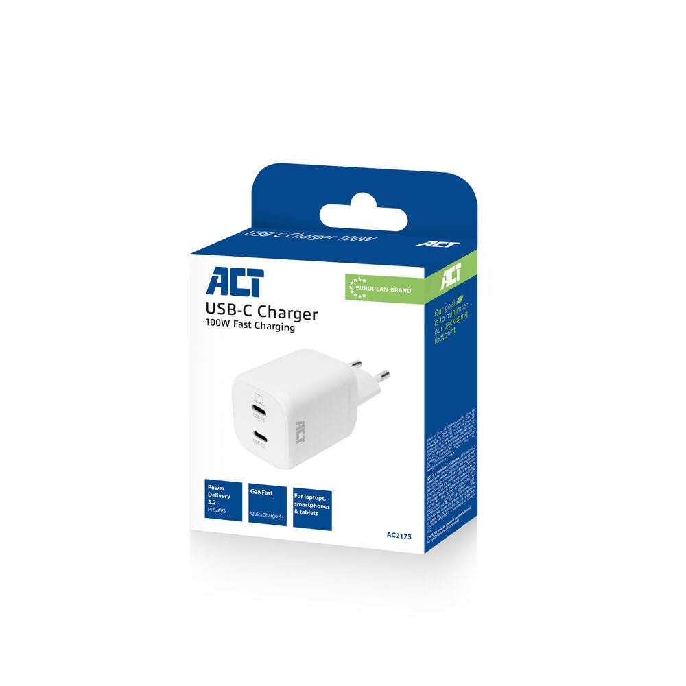 Act AC2175 USB-C-lader 100W met 2 poorten, Power Delivery 3.2, PPS, AVS, Quick Charge en GaNFast