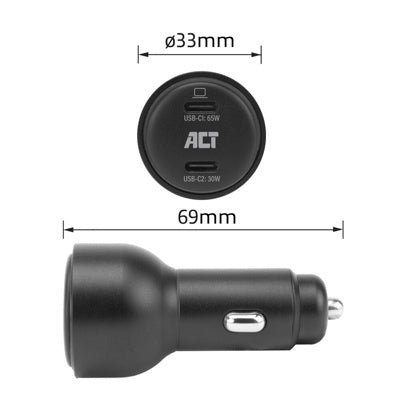 Act Ac2210 2-poorts USB-C fast charge autolader 95W met Power Delivery PPS, Quick Charge en GaNFast