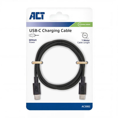 Act AC3082 laadkabel USB- C USB 2.0 480Mbps 60W laad- en datakabel, zwart, 1 meter