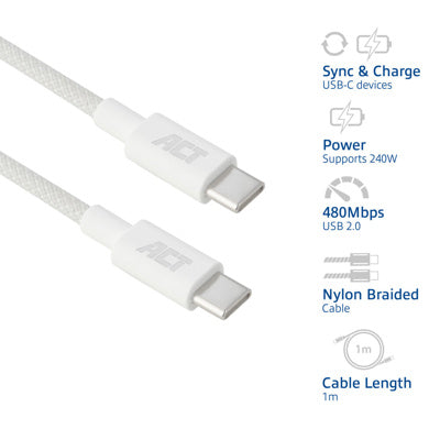Act AC3084 laadkabel USB 2.0 240W laad- en datakabel USB-C naar USB-C, wit, 1 meter