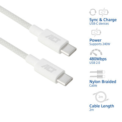 Act AC3085 laadkabel USB 2.0 240W laad- en datakabel USB-C naar USB-C, wit, 2 meter
