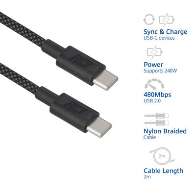 Act AC3087 laadkabel USB 2.0 240W laad- en datakabel USB-C naar USB-C, zwart, 2 meter
