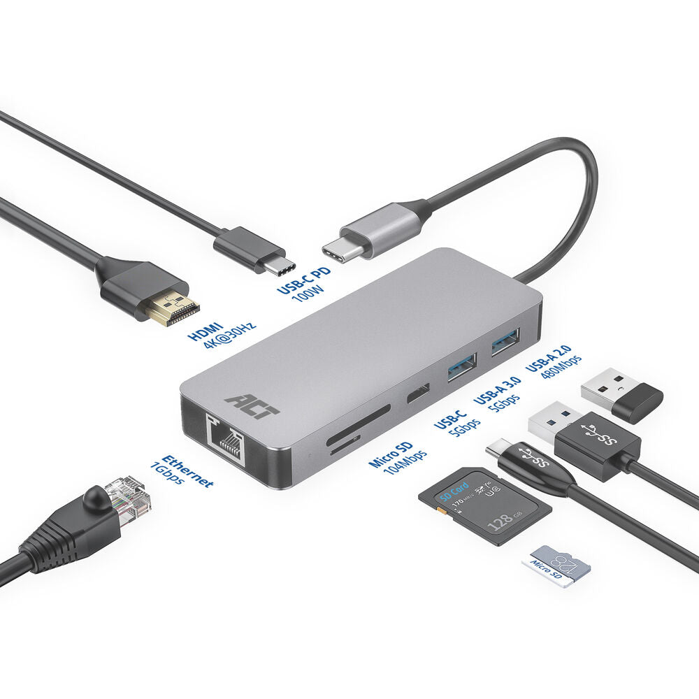 ACT AC7092 USB-C-HDMI/LAN/1XUSB-C/2XUSB-A