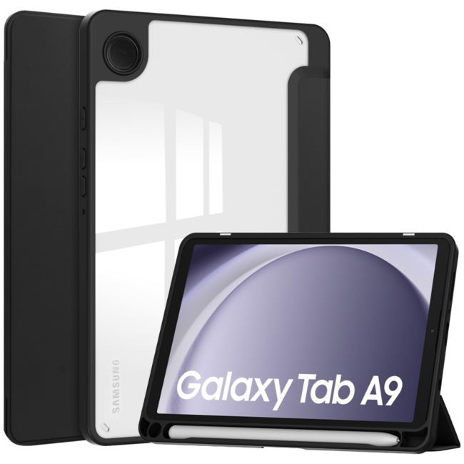 Tablet hoes geschikt voor Samsung Galaxy Tab A9 (2023) - Acrylic Trifold case met Pencil houder - Zwart