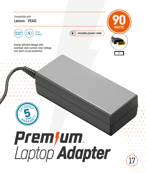 Premium adapter in retailverpakking Lenovo 20V 4.5A Square Tip incl. netsnoer