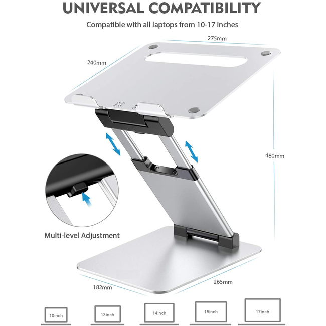 Ergonomische Laptop Standaard - In hoogte verstelbaar - Staand en zittend werken - Universele Laptophouder - Aluminium - Zilver